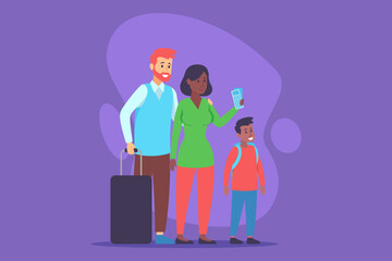 Family standing together, ready for trip. Father holding suitcase, mother checking her mobile device, and their son looking excited. People set against colorful background