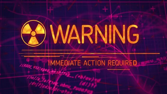 Glowing hazard icon emerging on grid, sliding lines dissolving label into warning demanding action