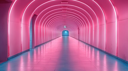 Pink neon lit arched hallway.