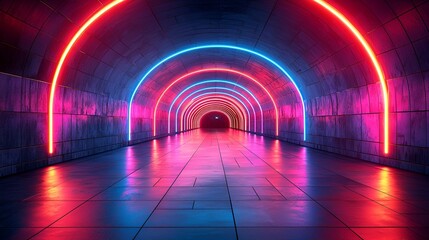 Neon tunnel with vibrant pink and blue glowing arches.