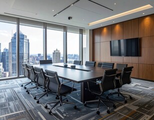 Fototapeta premium Modern boardroom interior with expansive city view offering collaborative space