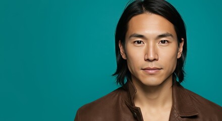Photo Portrait of a Handsome Asian Man in a Brown Jacket Against Teal Background