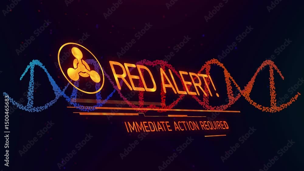 Poster glowing icon appearing on dna helix pulsing, shifting into red alert message requiring action
