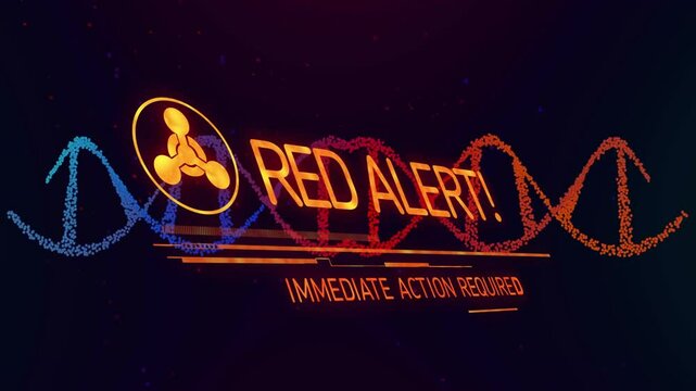 Glowing icon appearing on DNA helix pulsing, shifting into RED ALERT message requiring action