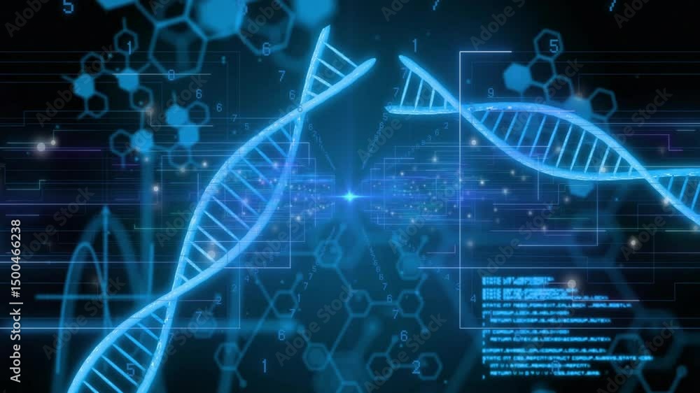 Poster code panels sliding over dna helices, rotating, splitting and emitting data to show dna separation