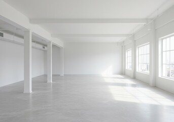 Fototapeta premium Photo White Empty Room with Concrete Floor Windows Light and Shadowed Space
