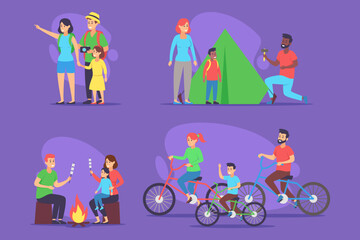 Vibrant collection illustrating families engaging in various outdoor activities. People exploring, camp, bike, and enjoying campfire. Joy of spending time in nature together concept