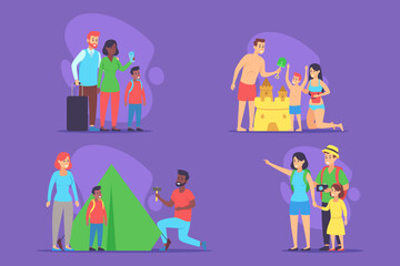 Families enjoying various activities during their vacation. Some building sandcastles at beach, while others exploring pyramids or taking pictures at scenic locations