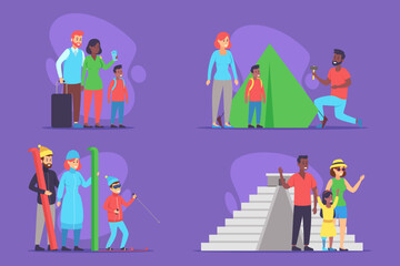 Lively collection of various outdoor activities such as hiking, camping, and skiing. Families and individuals engaged in playful adventures highlighting enjoyment in nature