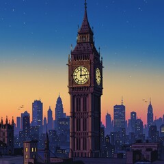 Pixel Art Illustration of Big Ben Tower at Sunset in London Cityscape