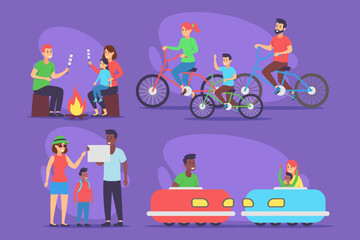 Families participating in diverse activities at vibrant park, featuring biking, fire pit gatherings, and amusement rides, creating joyful memories in lively environment