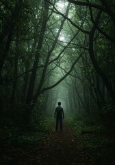 Photo A Person Stands On A Forest Path Beneath Tree Tunnel With Green Light