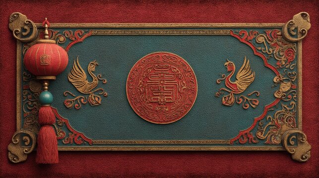 Dipinto decorativo con cigni stilizzati, lanterna e sigillo