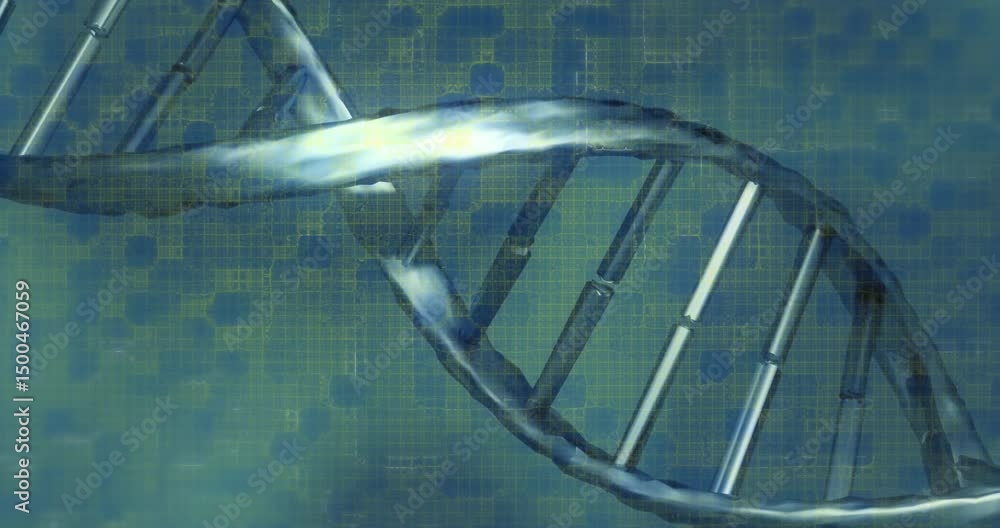 Poster dna helix entering frame, rotating rightward while grid intensifying visualizing genetic network