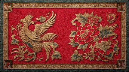 Ricamo tradizionale con gallo e peonie su sfondo rosso
