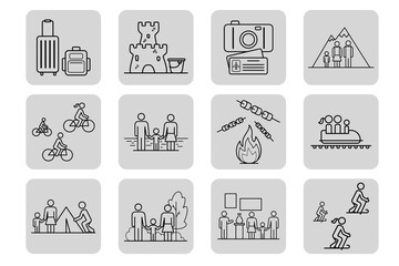 Collection of various family activities, from traveling with luggage to enjoying bike rides, hiking, and experiencing fun at parks. Joyful moments together concept