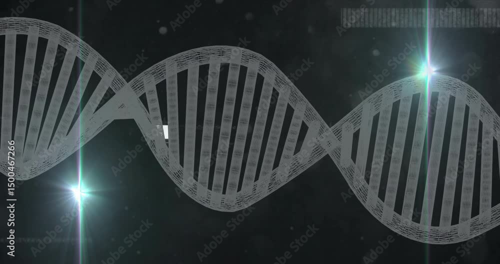 Poster green flare activating translucent dna helix rotating clockwise glitching data in tech display