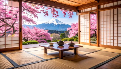 Mt Fuji view with cherry blossoms, and tea room.