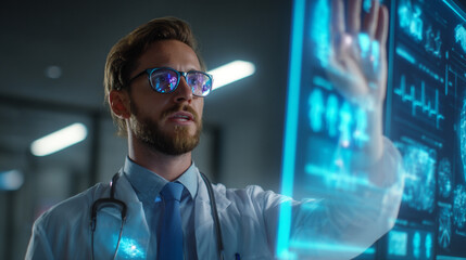Doctor using futuristic medical technology interface for healthcare and patient data analysis system