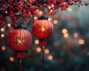 Lanterne rosse cinesi illuminate, sfondo sfocato