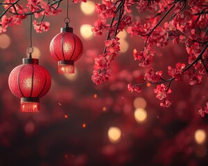 Lanterne rosse e fiori di ciliegio in fiore