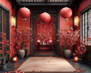 Ingresso Decorato in Stile Cinese con Lanterne Rosse