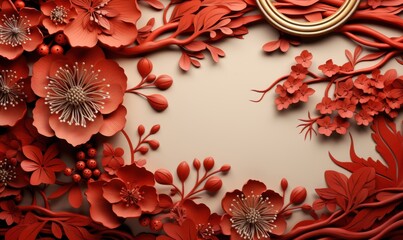 Cornice floreale rossa in cartapesta, sfondo neutro