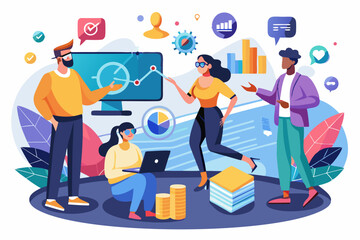 Business person interacting with a futuristic digital marketing interface, showcasing online advertising analytics, data charts, email marketing, and campaign performance metrics on a virtual screen. 