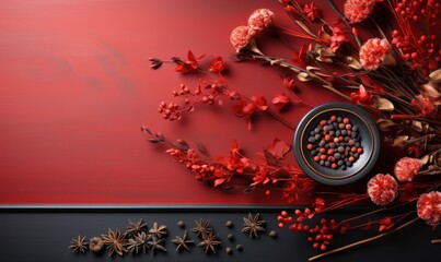 Composizione floreale rossa e spezie su sfondo scuro