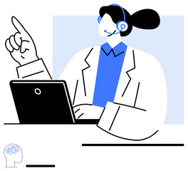 Female professional with a headset working on a laptop, gesturing with hand. Ideal for customer service, tech support, communication, remote work, consultation, training, simple landing page