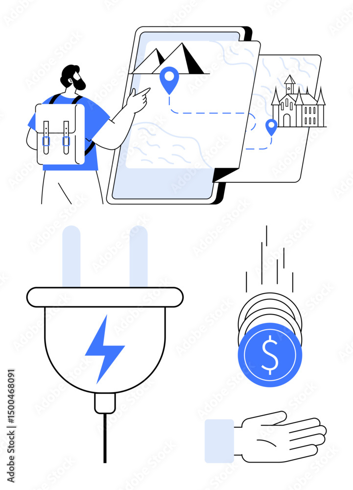 Poster person navigating map with landmarks, plug with lightning symbol, coins dropping to hand. ideal for 