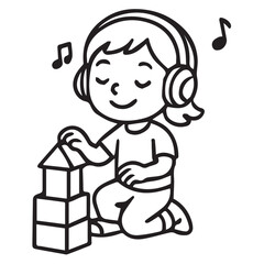 A black and white vector shows a young girl playing joyfully while listening to music, outlined in bold black lines with playful movement.

