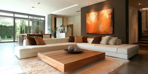 Fototapeta premium Modern living room with a large sectional sofa, a statement piece art, and a wooden coffee table