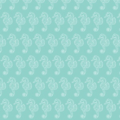Sea Creatures Line Art Seamless Pattern. Seahorse Marine Animals Outline, Ocean Animals Background