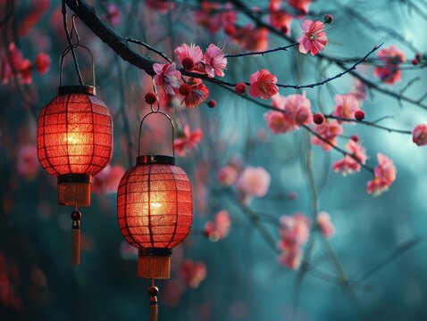 Lanterne rosse e fiori di pesco in primavera