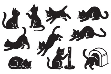 A collection of black cat silhouettes in a vector shows different movements, portraying daily feline activities in a sleek, minimal style.

