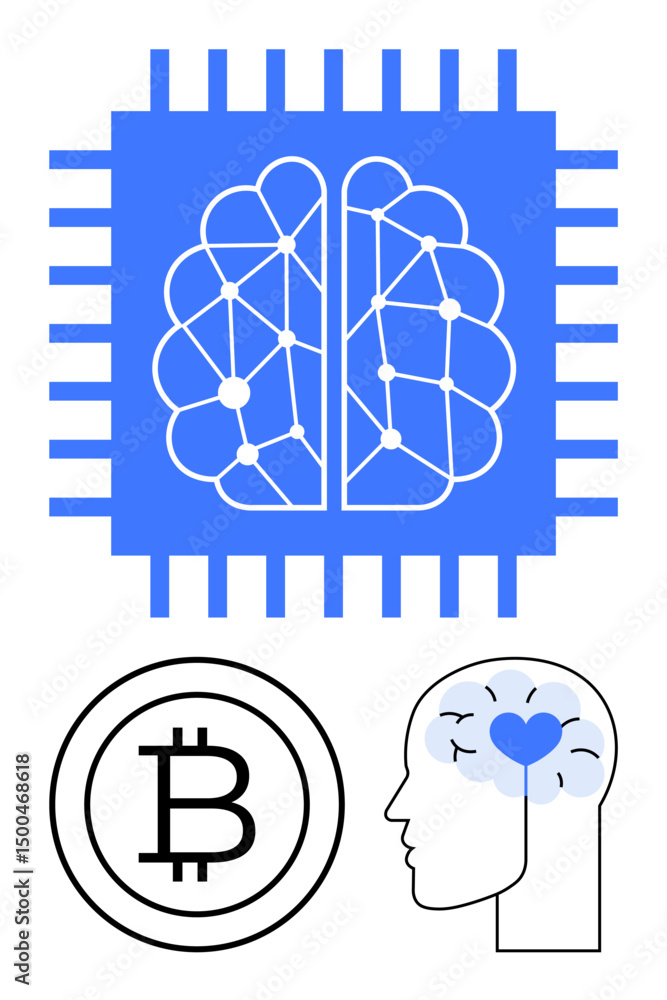 Poster neural network on processor chip, bitcoin symbol, and head with heart. ideal for blockchain, ai, fin