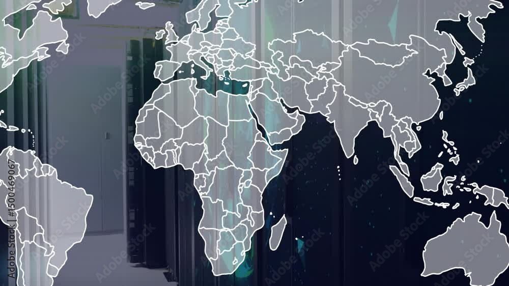 Aufkleber glitch lines flickering over racks starting white world map drawing with data points mapping flow