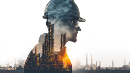 The double exposure of the building and engineering plans. Generative AI.