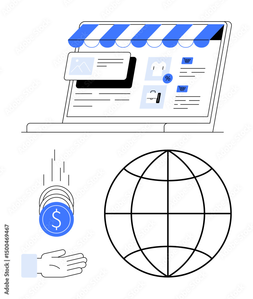 Poster laptop displaying digital storefront, globe symbolizing global reach, coins and palm for secure tran