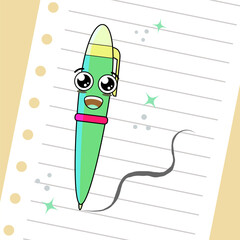 Kawaii school pen in cute cartoon style. Happy school supplies. Hand drawn clip art illustration. Back to school concept. flat illustration of education and semester. 