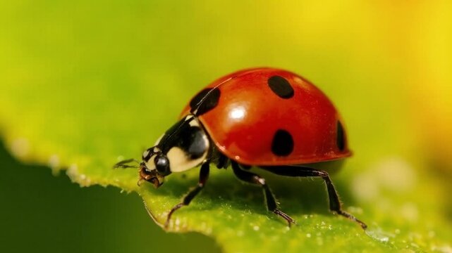 A bright red beetle crawls slowly over the green leaves, its shiny shell catching the sunlight.
