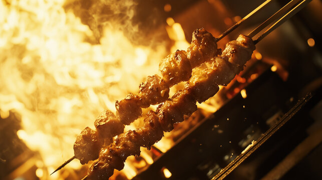 Churrasquinho brasileiro. espetinho de carne sendo assada ao fundo labaredas de fogo.