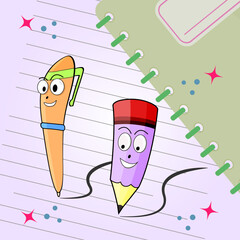 Kawaii school pencil and pen in cute cartoon style. Happy school supplies. Hand drawn clip art illustration. Back to school concept. flat illustration of education and semester. 