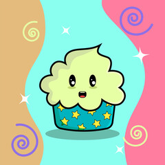 Colorful illustration isolated. Kawaii cupcake. food illustration. Funny cartoon character. Japanese kawaii cartoon. Design for Happy birthday party card.