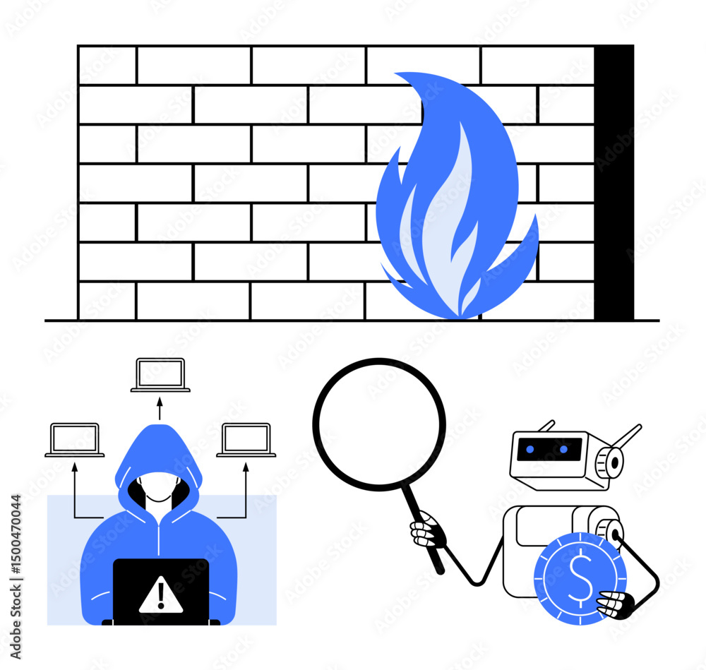 Poster firewall with flames, hacker in hoodie using laptop with alert sign, robotic ai analyzing finances w