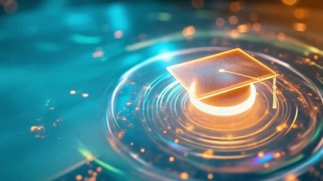A hologram of a graduation cap floats in midair, glowing with shimmering light and celebratory energy.
