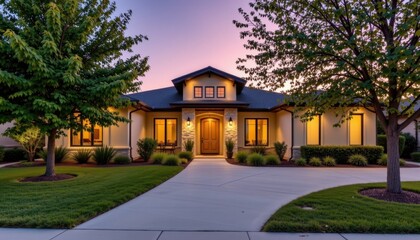 Elegant residential architecture at dusk exterior house design serene neighborhood beautifully landscaped front yard