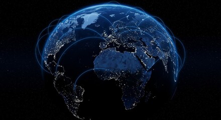 3D Render of a Blue Earth Globe with Network Connections and Lights