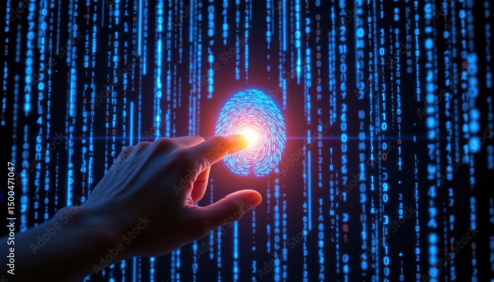 Poster digital fingerprint authentication innovation virtual environment graphic representation modern tech